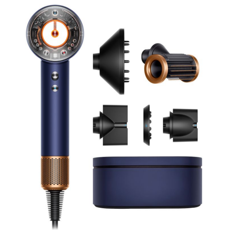 Uscator de par Dyson Supersonic Nural HD16 Prussian Blue/Rich Copper Straight+Wavy 122612-01, 1600 W, 3 viteze, 4 temperaturi, Ioni negativi, 5 accesorii, Protectie pentru scalp, Albastru/Cupru