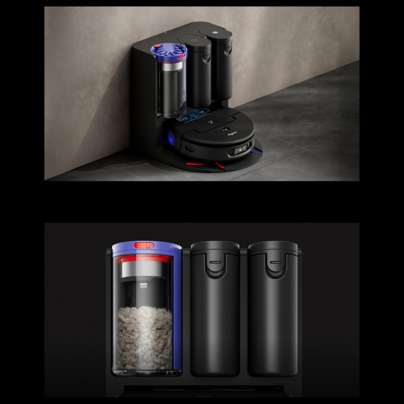 Aspirator robot Dyson Spot+Scrub Ai 586183-01, 18 000 Pa, 3 l, Curatare uscata/umeda, Recunoastere a petelor, Statie de incarcare automata, Negru/Albastru