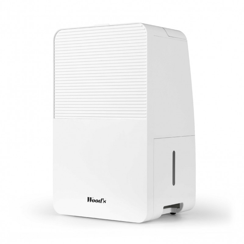 Dezumidificator pentru sufragerii și băi Woods MDK13, 2 viteze, până la 60 m², potrivit și pentru băi, 108 m³, 2 l, 12 l/24 h, hidrostat, 44 dB, IPX1, alb