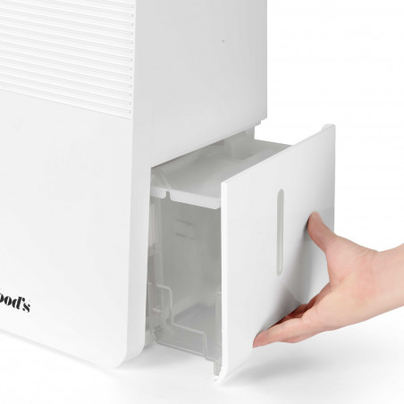 Dezumidificator pentru sufragerii și băi Woods MDK13, 2 viteze, până la 60 m², potrivit și pentru băi, 108 m³, 2 l, 12 l/24 h, hidrostat, 44 dB, IPX1, alb