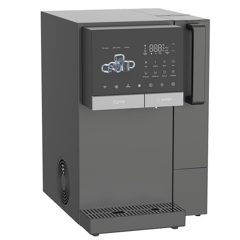 Dozator de apa la retea cu generator de gheata ELIXIR Ice, 2100 W, Incalzire 18 l/h, Racire 2,5 l/h, 4–90°C, Filtrare in 3 etape, Ecran tactil, UVC, Compresor, Gri inchis
