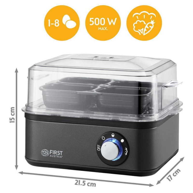 Fierbător de ouă First Austria FA-5115-3-GR, 500 W, pentru 8 ouă, cronometru cu 3 moduri, semnal sonor, gri închis