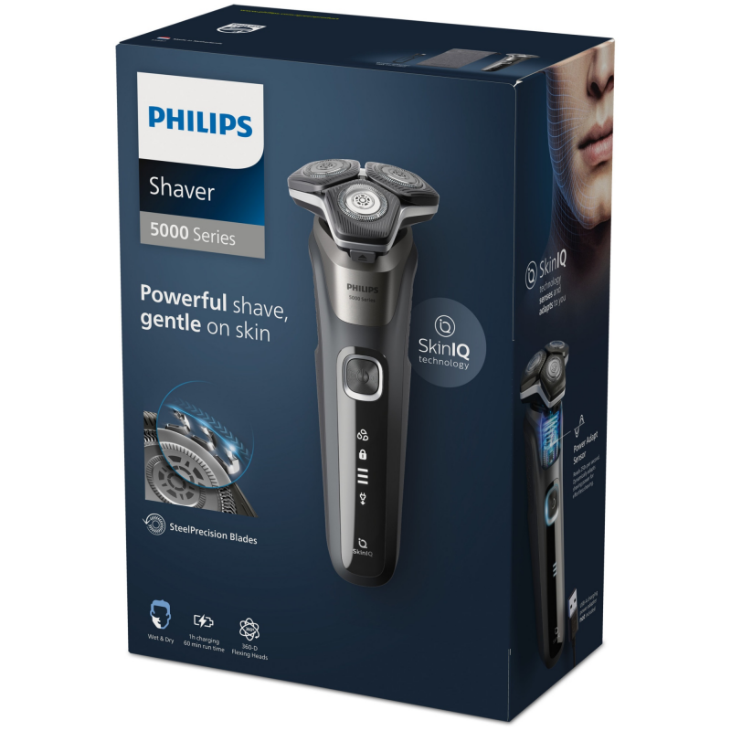 Aparat de ras electric Philips Shaver Series 5000 S5887/10, 9 W, 60 min, pentru ras umed/uscat, trimmer încorporat, SkinIQ, PowerAdapt, capete rotative la 360°, lame cu autoascuțire, gri carbon