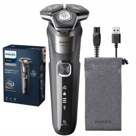 Aparat de ras electric Philips Shaver Series 5000 S5887/10, 9 W, 60 min, pentru ras umed/uscat, trimmer încorporat, SkinIQ, PowerAdapt, capete rotative la 360°, lame cu autoascuțire, gri carbon