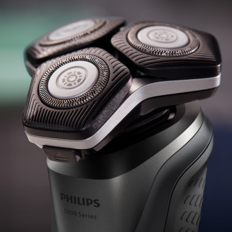 Aparat de ras electric Philips Shaver Series 5000 S5887/10, 9 W, 60 min, pentru ras umed/uscat, trimmer încorporat, SkinIQ, PowerAdapt, capete rotative la 360°, lame cu autoascuțire, gri carbon