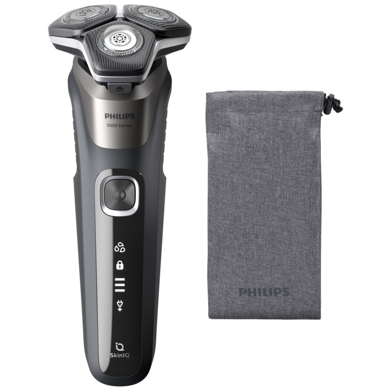 Aparat de ras electric Philips Shaver Series 5000 S5887/10, 9 W, 60 min, pentru ras umed/uscat, trimmer încorporat, SkinIQ, PowerAdapt, capete rotative la 360°, lame cu autoascuțire, gri carbon