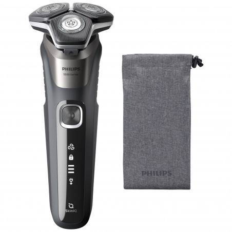 Aparat de ras electric Philips Shaver Series 5000 S5887/10, 9 W, 60 min, pentru ras umed/uscat, trimmer încorporat, SkinIQ, PowerAdapt, capete rotative la 360°, lame cu autoascuțire, gri carbon