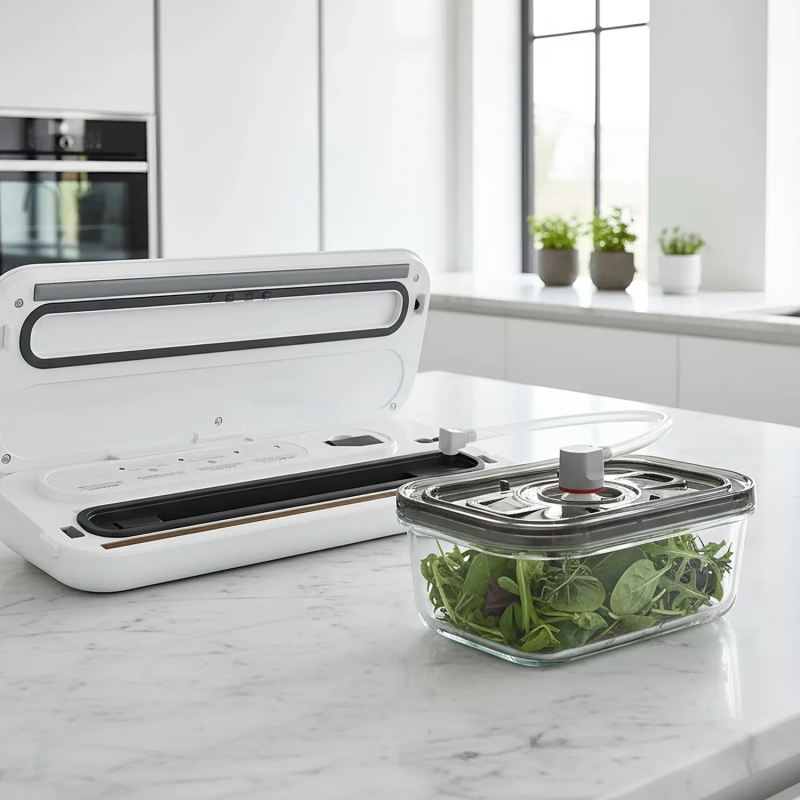 Aparat de vidat alimente AENO AVS0004W, 70 kPa, 4 moduri, Latime maxima a pungii de 30 cm, Functie automata, Buton Stop, LED, Alb