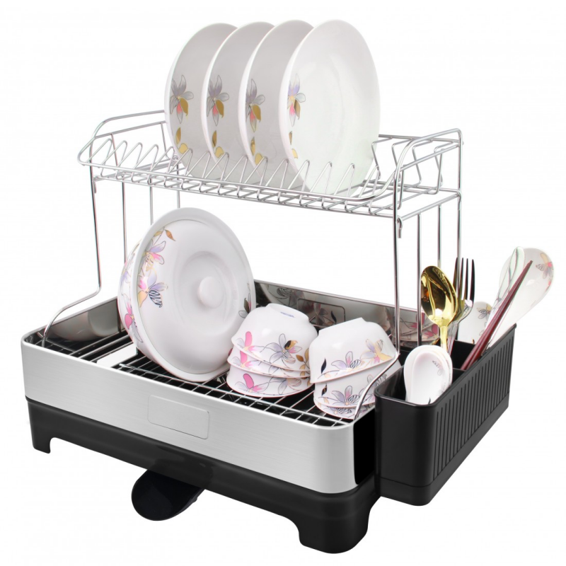 Uscator de vase HausRoland HR305-1, 53 x 34,5 x 38,5 cm, 2 nivele, Crom/Negru