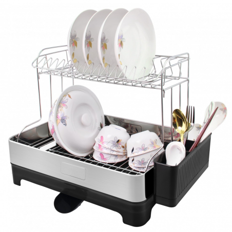 Uscator de vase HausRoland HR305-1, 53 x 34,5 x 38,5 cm, 2 nivele, Crom/Negru