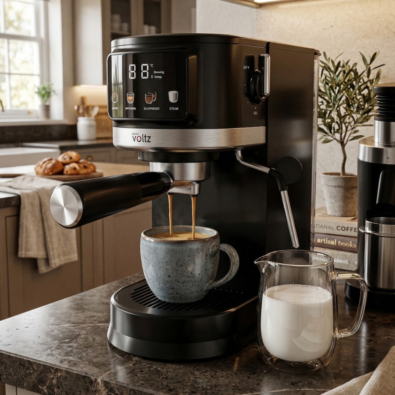 Espressor Oliver Voltz OV51171O, 1575 W, 20 bar, Disc Crema, Afisaj LED, Spumare lapte, Negru
