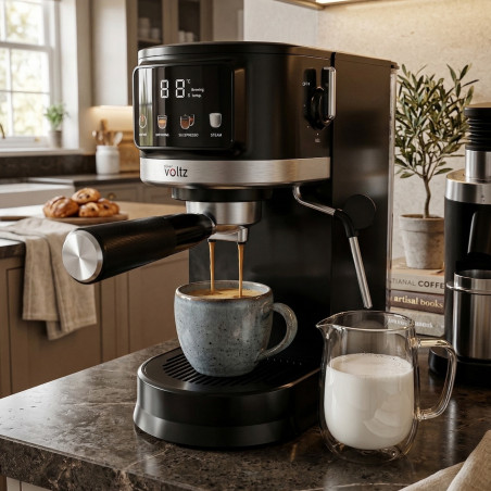 Espressor Oliver Voltz OV51171O, 1575 W, 20 bar, Disc Crema, Afisaj LED, Spumare lapte, Negru