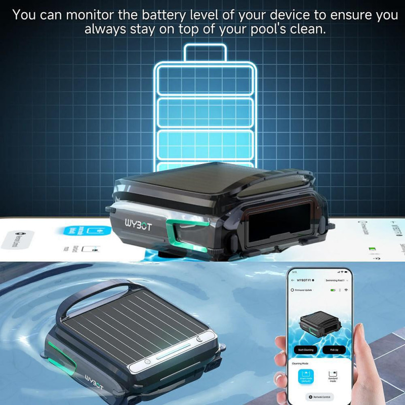 Skimer pentru curățarea suprafeței apei din piscine Wybot F1, alimentare solară / DC, până la 8 ore, 7 l, aplicație mobilă, negru