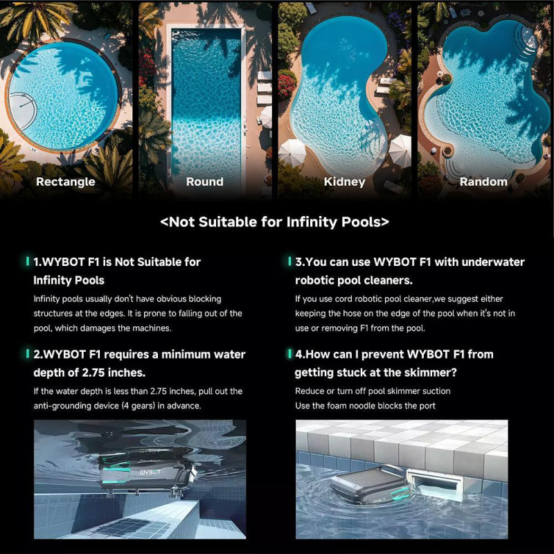 Skimer pentru curățarea suprafeței apei din piscine Wybot F1, alimentare solară / DC, până la 8 ore, 7 l, aplicație mobilă, negru