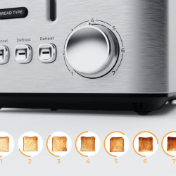Prajitor de paine AENO ATS0003, 950 W, 6 tipuri de paine, 7 trepte de prajire, Preincalzire, Dezghetare, LED, Otel inoxidabil