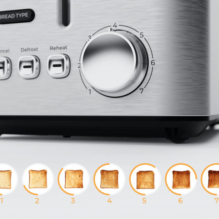 Prajitor de paine AENO ATS0003, 950 W, 6 tipuri de paine, 7 trepte de prajire, Preincalzire, Dezghetare, LED, Otel inoxidabil