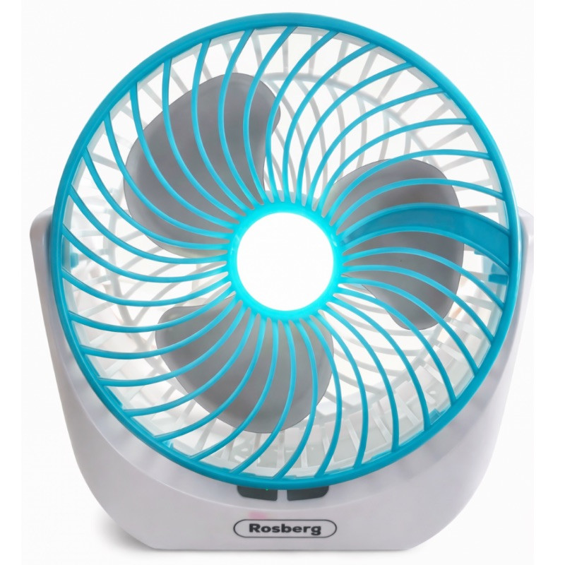 Ventilator de birou Rosberg R51760S, 5 W, 16 cm, Autonomie 180 min, 3 viteze, Iluminare, Alb/Albastru
