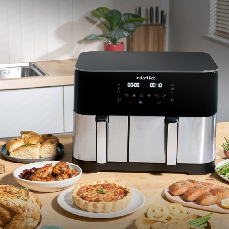 Friteuza dubla cu aer cald 8in1 Instant Pot Vortex DUAL SPLIT, 2600 W, 11 l, 205 °C, EvenCrisp, Gatit sincronizat, Comanda tactila, Negru/Inox