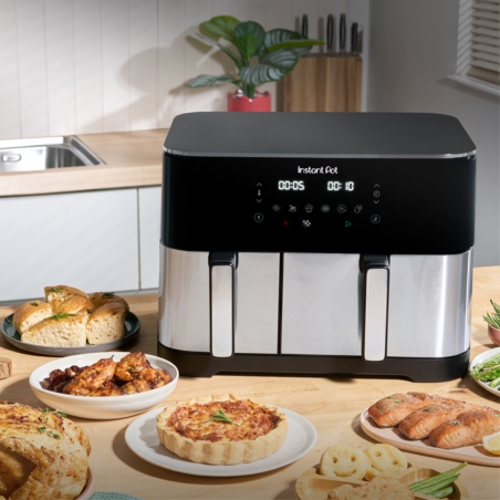 Friteuza dubla cu aer cald 8in1 Instant Pot Vortex DUAL SPLIT, 2600 W, 11 l, 205 °C, EvenCrisp, Gatit sincronizat, Comanda tactila, Negru/Inox