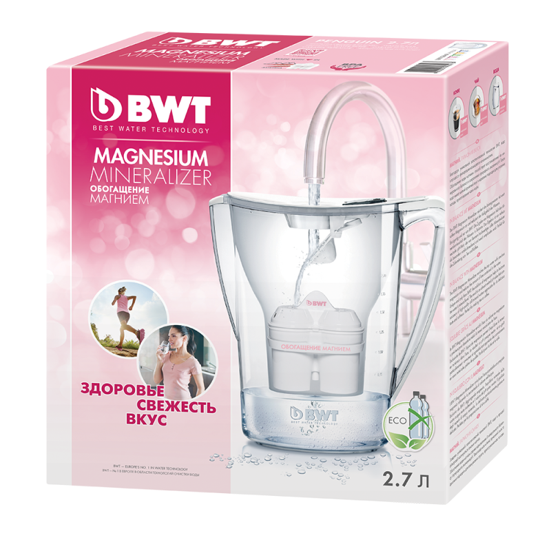Cană de filtrare a apei Nitec BWT B706 PENGUIN, 2,7 l, Îmbogățire cu magneziu, Indicator electronic, Roz