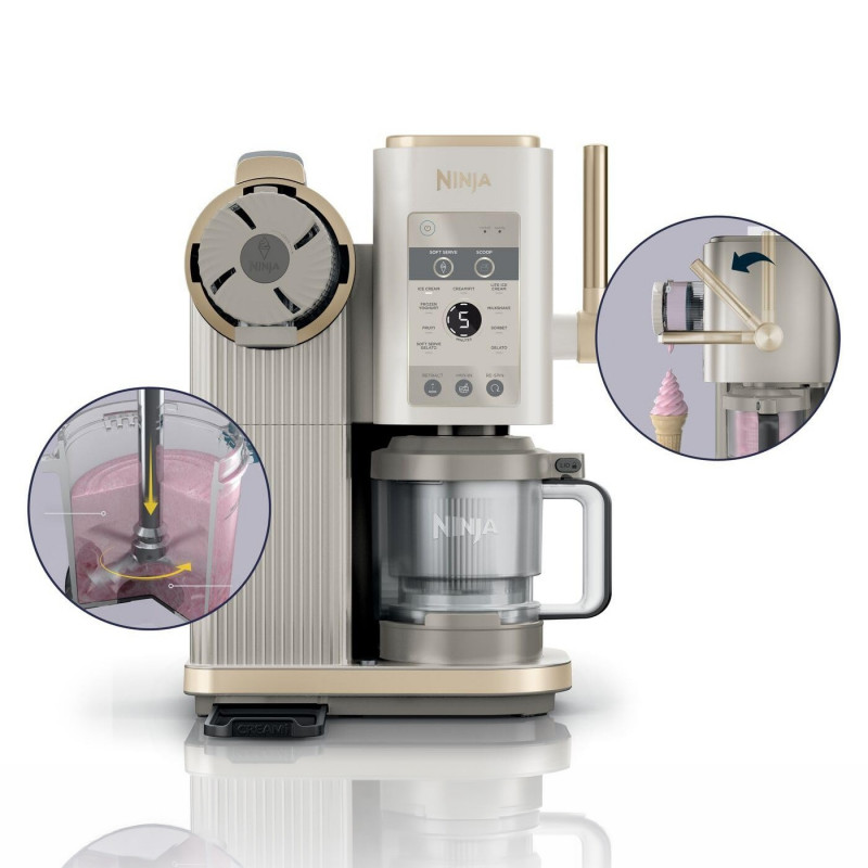 Aparat de facut inghetata 13in1 Ninja CREAMi Scoop & Swirl™ NC701EUSTGD, 800 W, 13 programe, Maneta cu 3 trepte pentru cornete, CreamiFit, Creamify, 2 cupe de 473 ml, Personalizare, Crem/Auriu