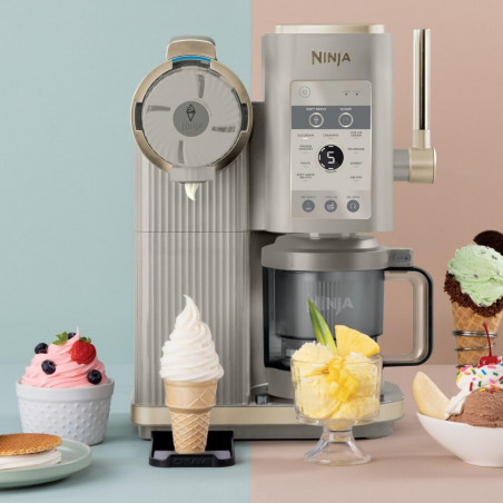 Aparat de facut inghetata 13in1 Ninja CREAMi Scoop & Swirl™ NC701EUSTGD, 800 W, 13 programe, Maneta cu 3 trepte pentru cornete, CreamiFit, Creamify, 2 cupe de 473 ml, Personalizare, Crem/Auriu