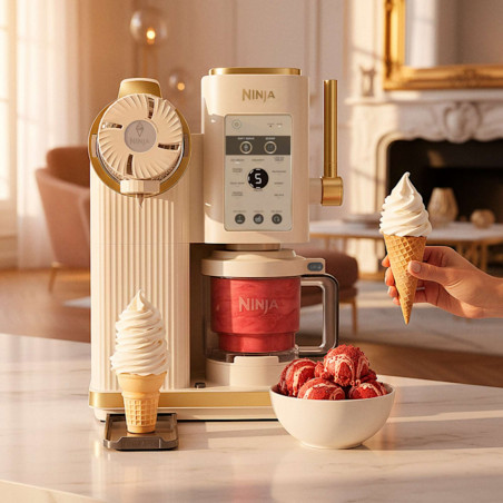 Aparat de facut inghetata 13in1 Ninja CREAMi Scoop & Swirl™ NC701EUSTGD, 800 W, 13 programe, Maneta cu 3 trepte pentru cornete, CreamiFit, Creamify, 2 cupe de 473 ml, Personalizare, Crem/Auriu