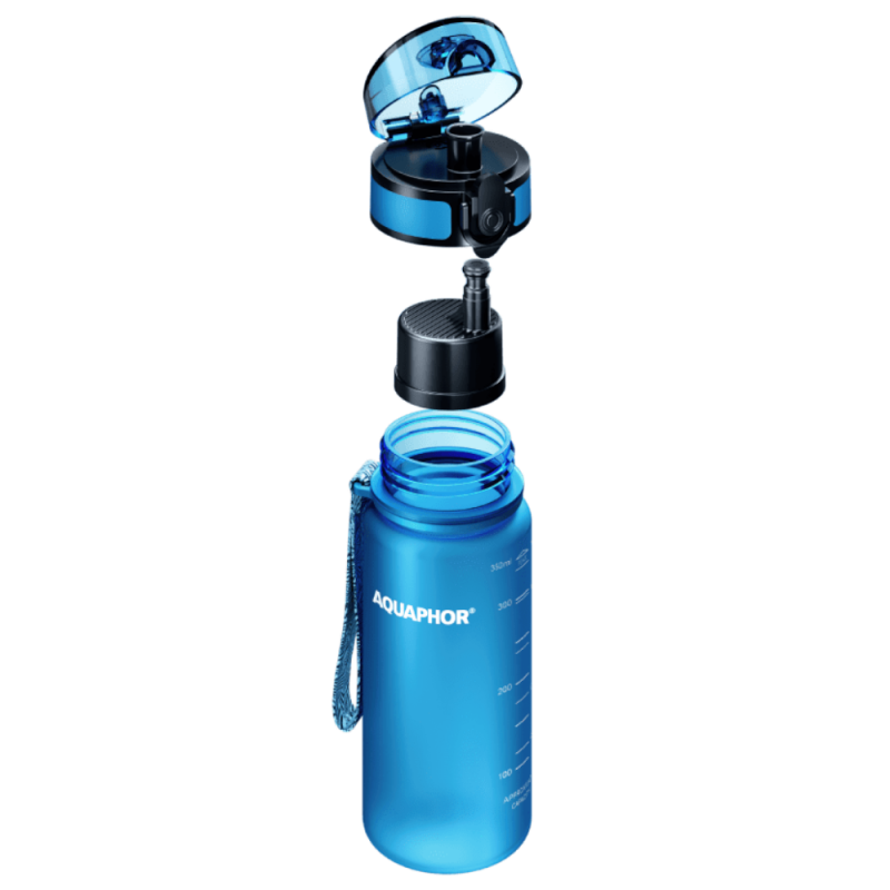 Sticla cu filtru pentru apa Aquaphor City 160026, 350 ml, Tritan, Carbune activ, Aqualen, Capac cu inchidere, Albastru