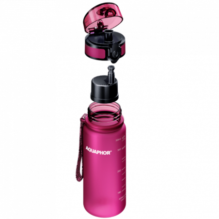 Sticlă filtrantă pentru apă Aquaphor City 160028, 350 ml, Tritan, Cărbune activ, Aqualen, Capac cu închidere, Roz