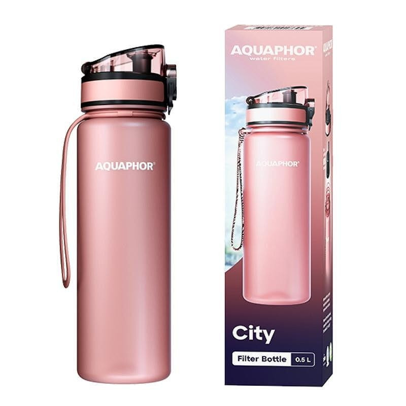 Sticla cu filtru pentru apa Aquaphor City 160041, 500 ml, Tritan, Carbune activ, Aqualen, Capac cu inchidere, Roz