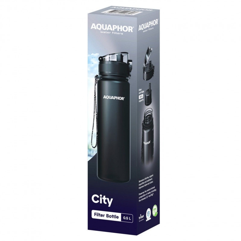 Sticla cu filtru pentru apa Aquaphor City 160043, 500 ml, Tritan, Carbune activ, Aqualen, Capac cu inchidere, Negru