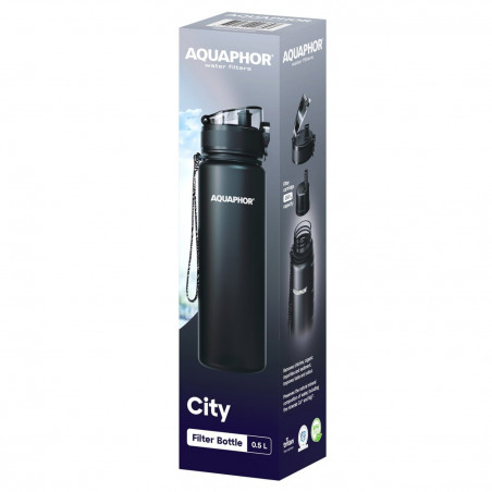 Sticla cu filtru pentru apa Aquaphor City 160043, 500 ml, Tritan, Carbune activ, Aqualen, Capac cu inchidere, Negru