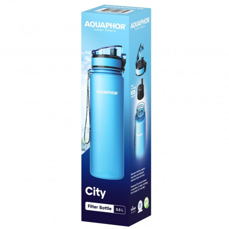 Sticla cu filtru pentru apa Aquaphor City 160046, 500 ml, Tritan, Carbune activ, Aqualen, Capac cu inchidere, Albastru glaciar