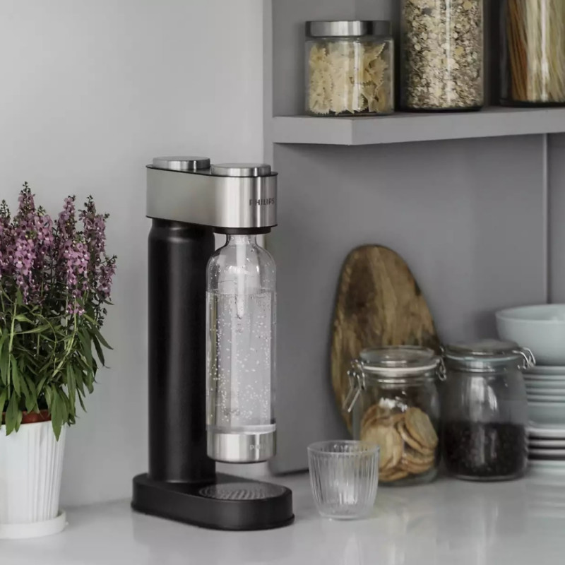 Aparat de sodă Philips GoZero ADD4902BK/10, 1 l, Reglare a nivelului de carbonatare, Manual, Supapă de siguranță, Carcasă din oțel, Negru