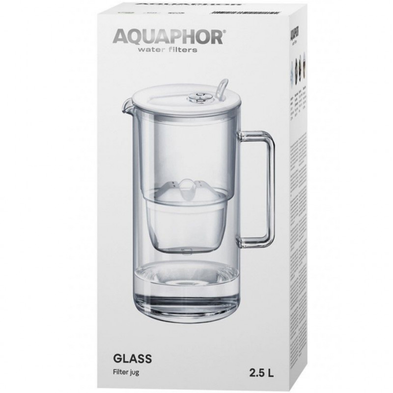 Cana filtrare apa Aquaphor Glass 120021, 2,5 l, Sticla, Contor, Filtru cu magneziu, Alb