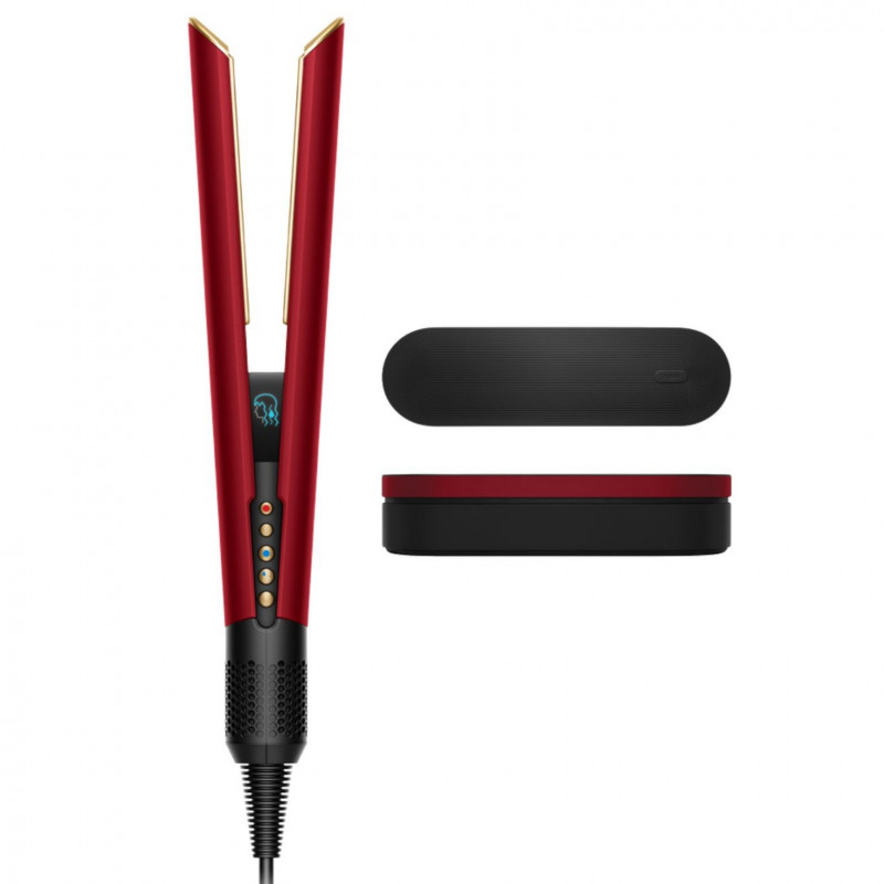 Placă de îndreptat părul Dyson HT01 Airstrait RdVe/Gd 596931-01, 1600 W, max. 140 °C, ionizare, 6 niveluri de temperatură, protejează părul, acoperire din cupru, ecran LCD, roșu catifelat/auriu