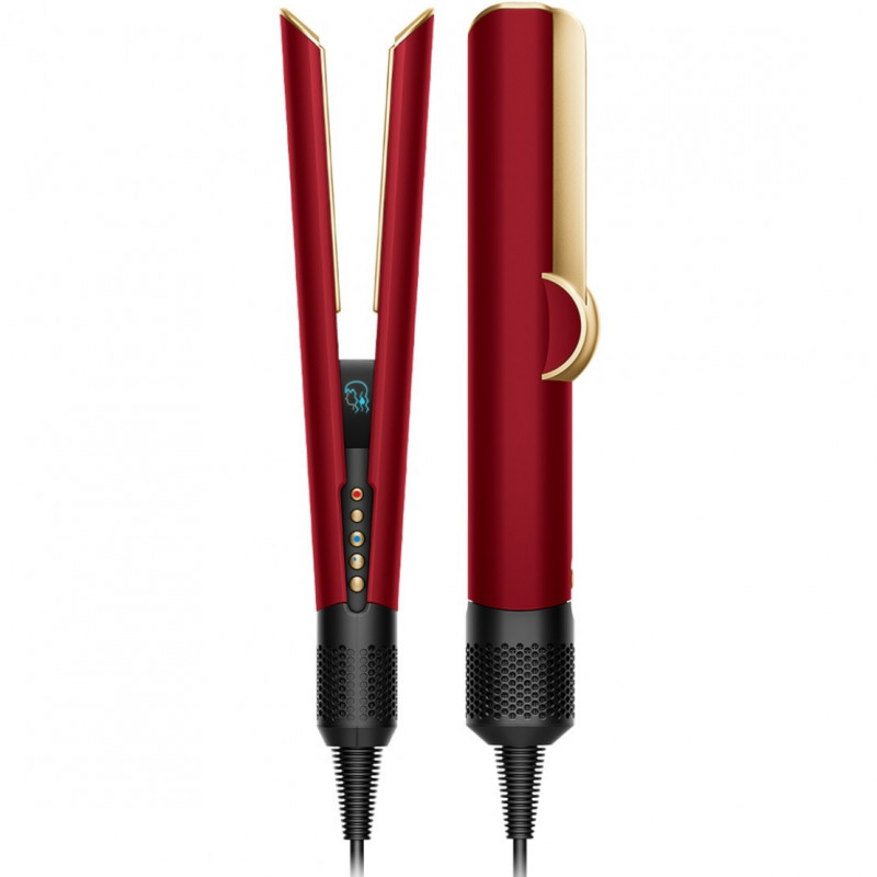Placă de îndreptat părul Dyson HT01 Airstrait RdVe/Gd 596931-01, 1600 W, max. 140 °C, ionizare, 6 niveluri de temperatură, protejează părul, acoperire din cupru, ecran LCD, roșu catifelat/auriu