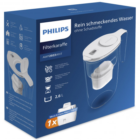 Filtru de apă Philips AWP2933WHT/58, 2,6 l, cronometru digital, Micro X-Clean, alb