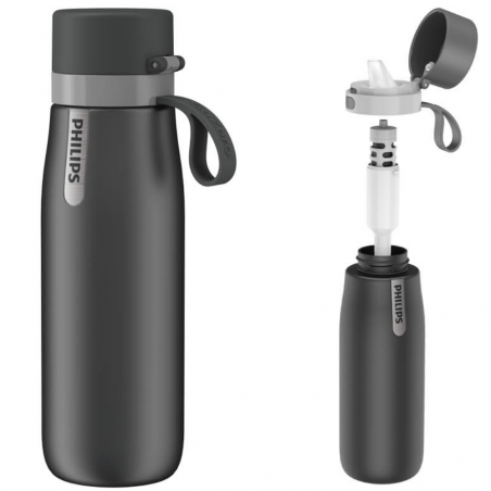 Sticla cu filtru pentru apa Philips GoZero Daily AWP2771GRR/58, 550 ml, Otel inoxidabil 18/8, Izolatie sub vid, Pereti dubli, Gri