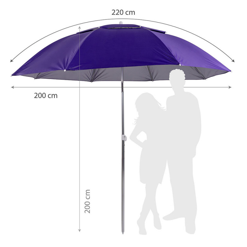 Umbrelă de plajă Muhler YL1039, 200x200 cm, protecție UV, cadru din oțel, înclinare reglabilă, violet