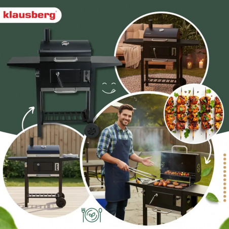 Gratar pe carbuni Klausberg KB 9034, Cos de fum, Ventilatie reglabila, Sertar pentru cenusa, Termometru, Roti, Otel, Negru