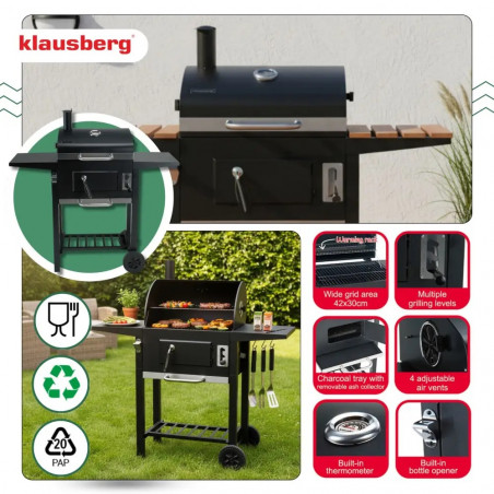 Gratar pe carbuni Klausberg KB 9034, Cos de fum, Ventilatie reglabila, Sertar pentru cenusa, Termometru, Roti, Otel, Negru