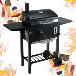 Gratar pe carbuni Klausberg KB 9034, Cos de fum, Ventilatie reglabila, Sertar pentru cenusa, Termometru, Roti, Otel, Negru