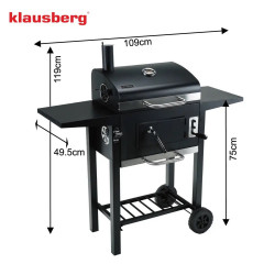 Gratar pe carbuni Klausberg KB 9034, Cos de fum, Ventilatie reglabila, Sertar pentru cenusa, Termometru, Roti, Otel, Negru