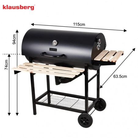 Gratar pe carbuni Klausberg KB 9033, Capac cu inchidere, Termometru, Suporturi laterale, Sertar pentru cenusa, Roti, Otel, Negru