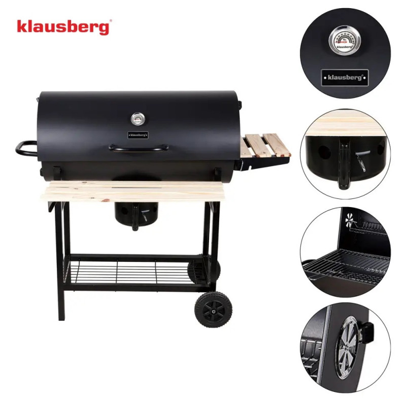 Gratar pe carbuni Klausberg KB 9033, Capac cu inchidere, Termometru, Suporturi laterale, Sertar pentru cenusa, Roti, Otel, Negru