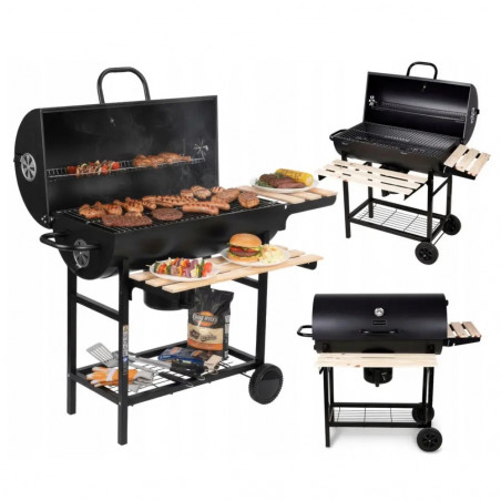Gratar pe carbuni Klausberg KB 9033, Capac cu inchidere, Termometru, Suporturi laterale, Sertar pentru cenusa, Roti, Otel, Negru