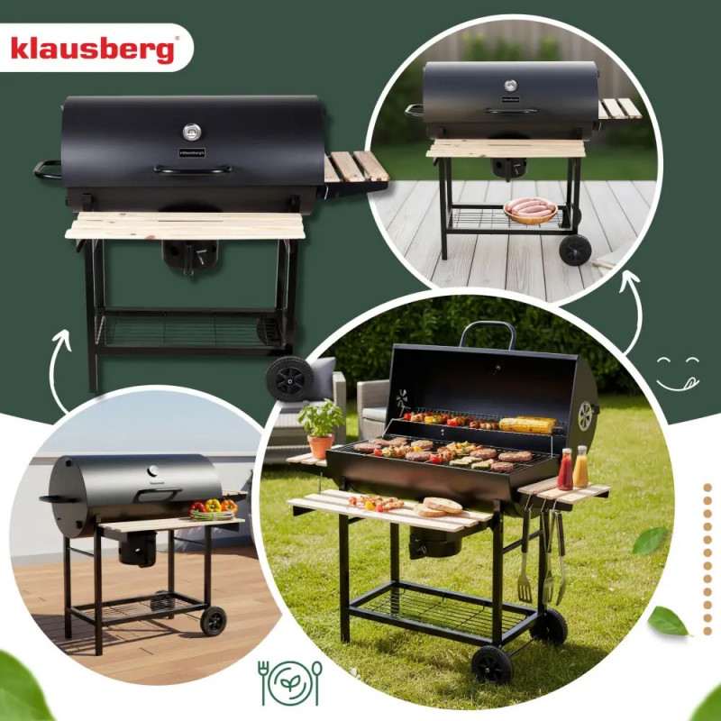 Gratar pe carbuni Klausberg KB 9033, Capac cu inchidere, Termometru, Suporturi laterale, Sertar pentru cenusa, Roti, Otel, Negru