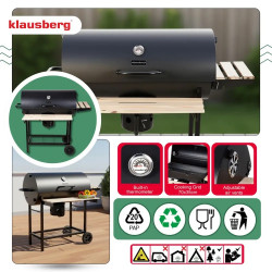 Gratar pe carbuni Klausberg KB 9033, Capac cu inchidere, Termometru, Suporturi laterale, Sertar pentru cenusa, Roti, Otel, Negru