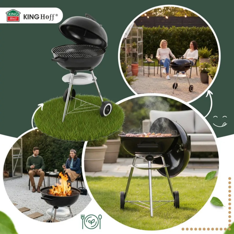Gratar pe carbuni Kinghoff KH 2033, Ventilatie reglabila, Roti, Otel, Negru